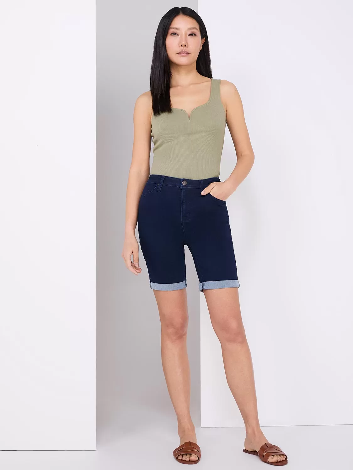 Cuffed Denim Bermuda Shorts