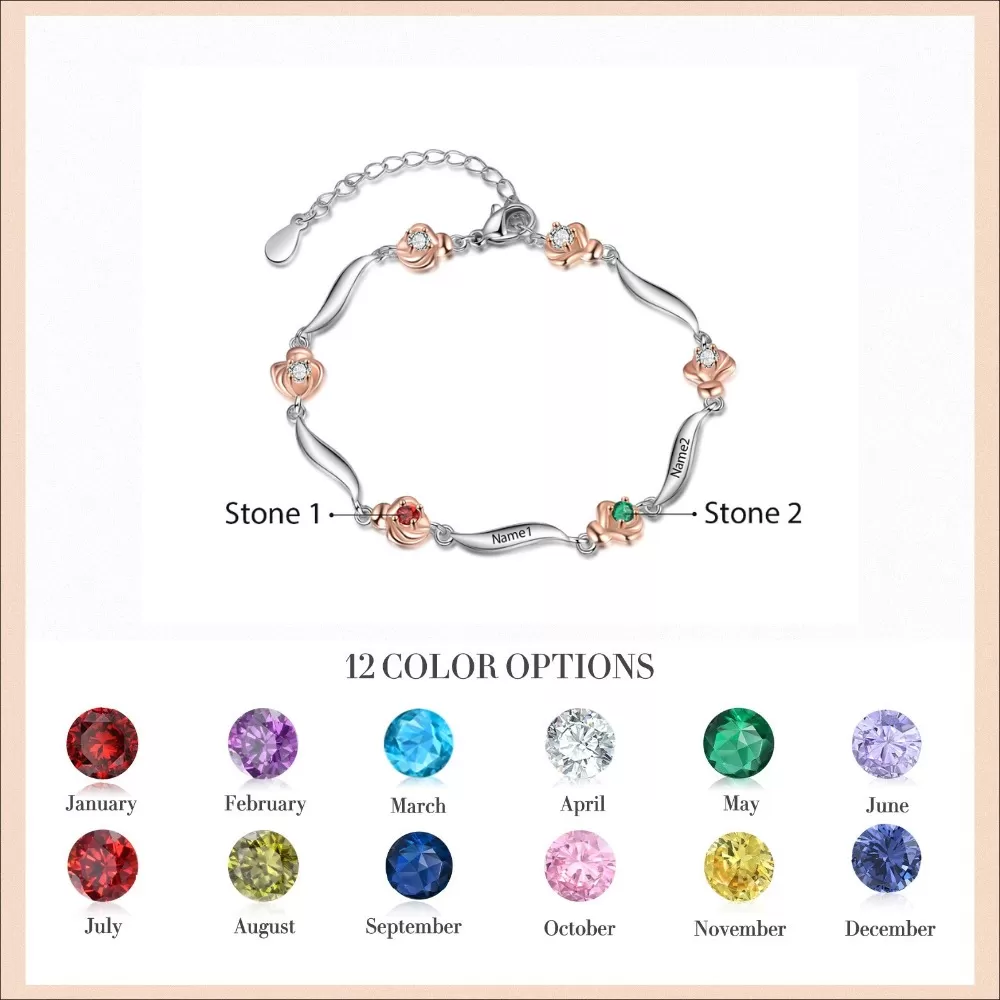 Customized 2 Birthstone Rose Flower Bracelet For Women