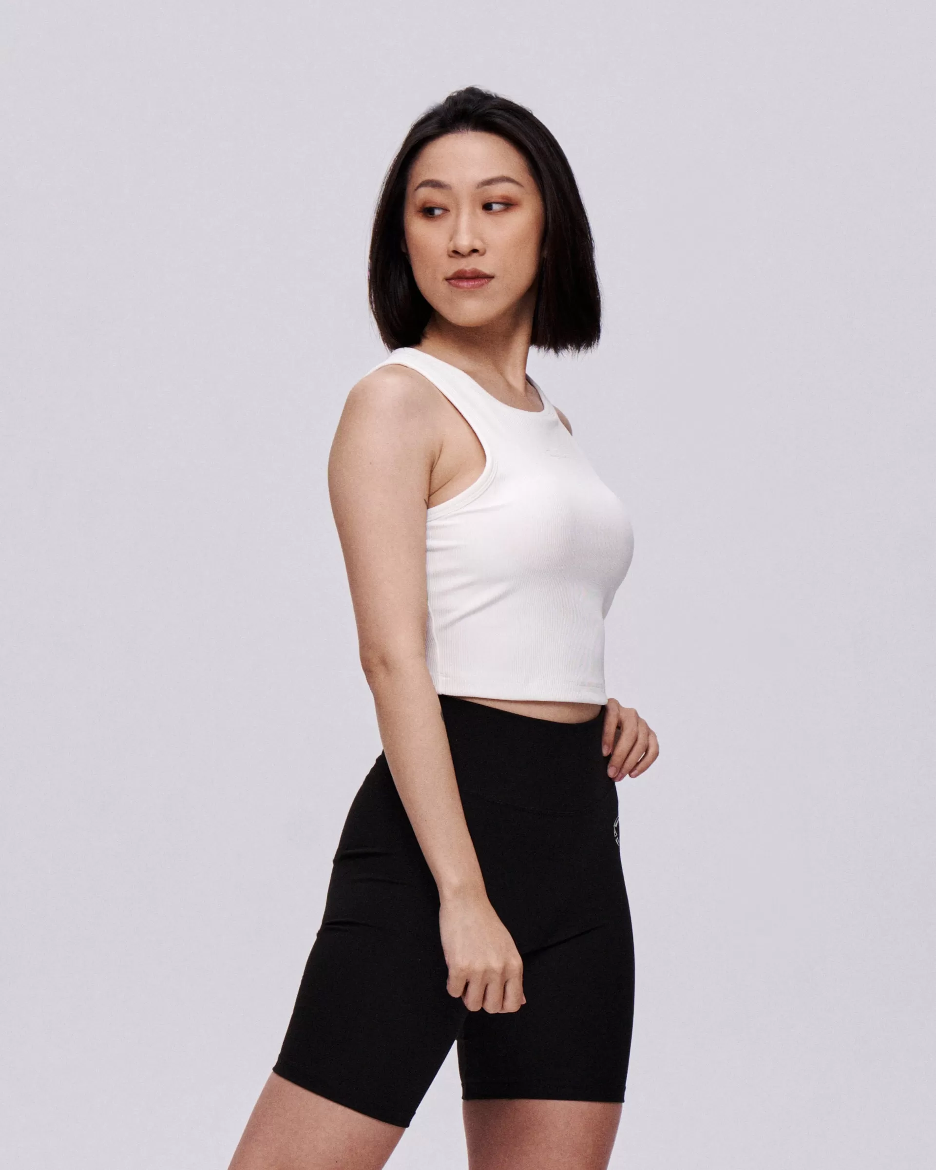 Cut-Shoulder Ribbed-Neck Bra Crop Tank