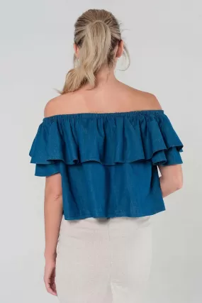 Dark Denim Off Shoulder Ruffle Crop Top