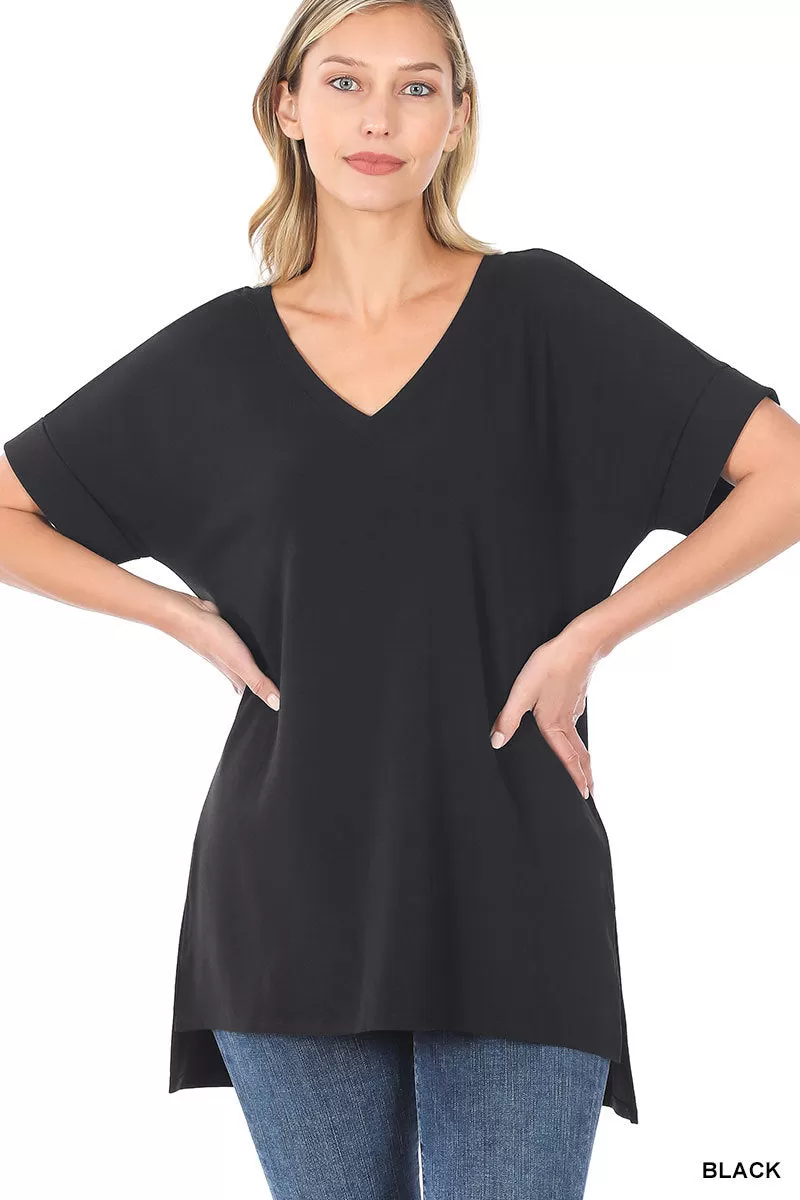 DOORBUSTER: Rolled Short Sleeve V-Neck Side Slit Tee - Black