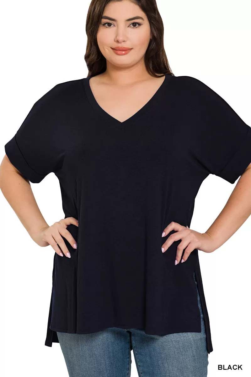 DOORBUSTER: Rolled Short Sleeve V-Neck Side Slit Tee - Black