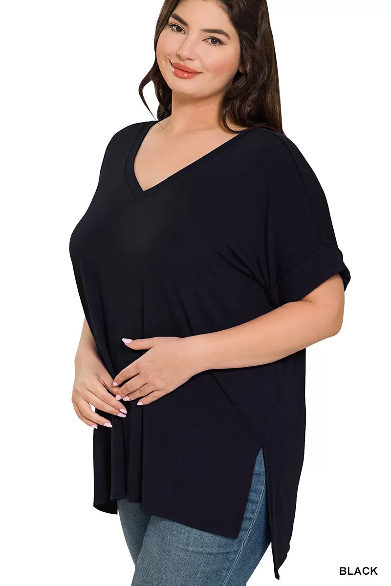 DOORBUSTER: Rolled Short Sleeve V-Neck Side Slit Tee - Black