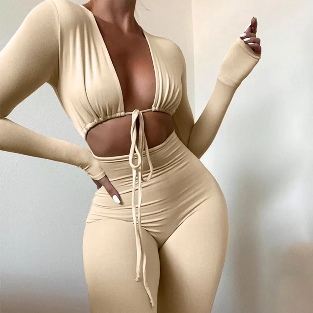 Drawstring Solid Color Hollow Out Jumpsuit