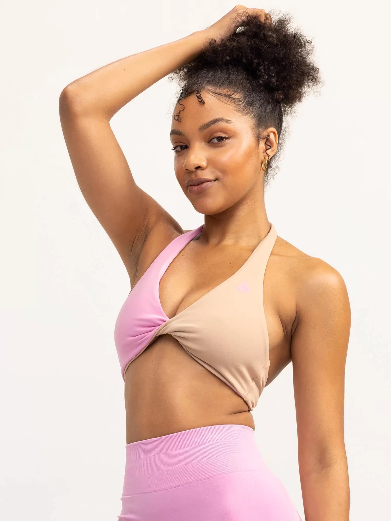 Duo Halter Twist Sports Bra - Musk Pink/Tan