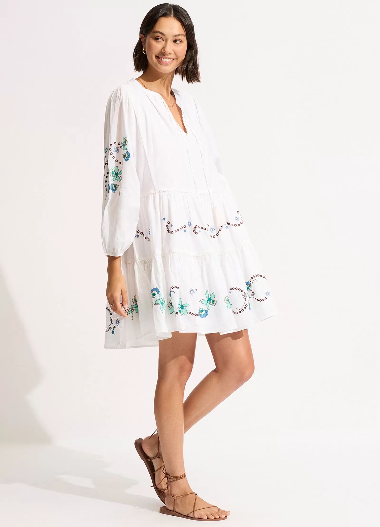 Eden Embroidery Tier Midi Dress - White