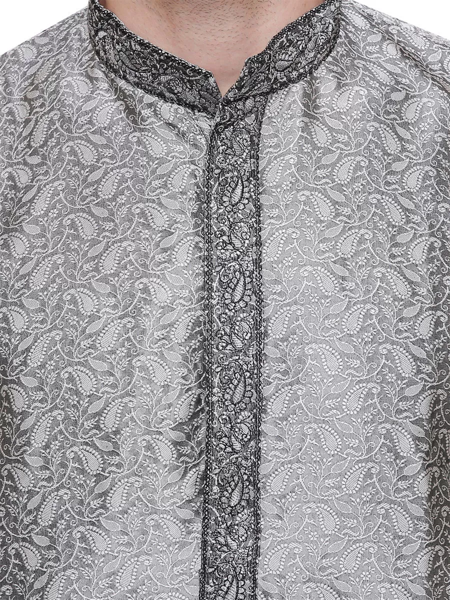 Embroidered Jacquard Silk Mens Kurta Pyjama Indian Clothing (Grey)