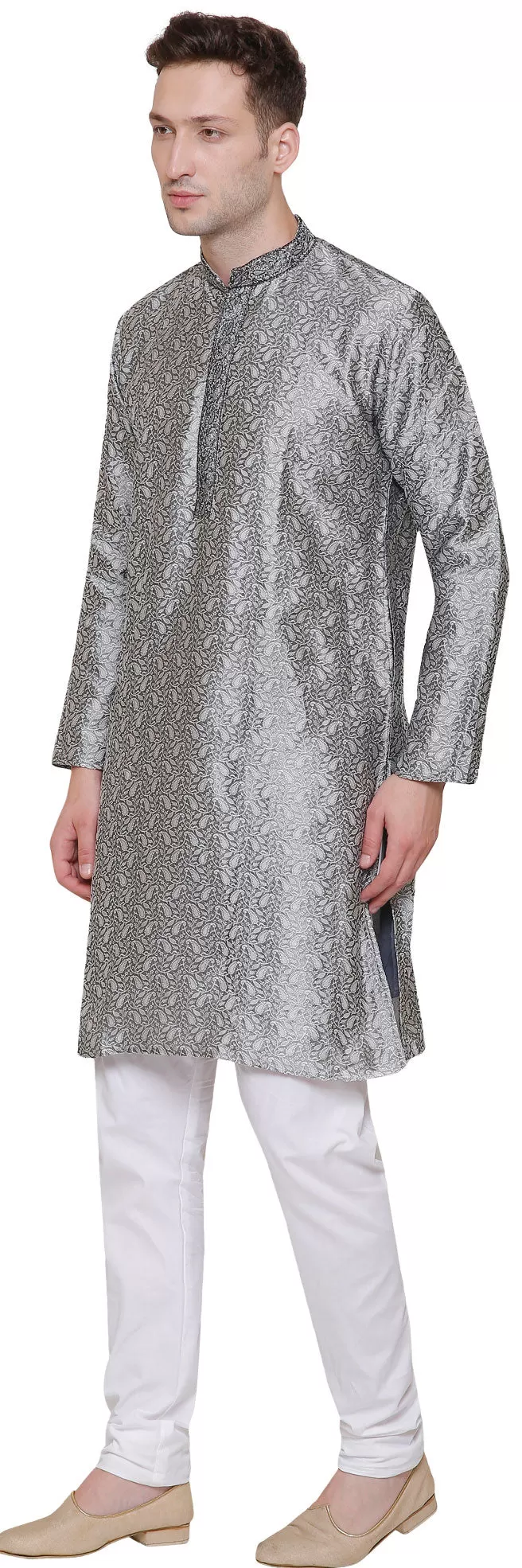 Embroidered Jacquard Silk Mens Kurta Pyjama Indian Clothing (Grey)