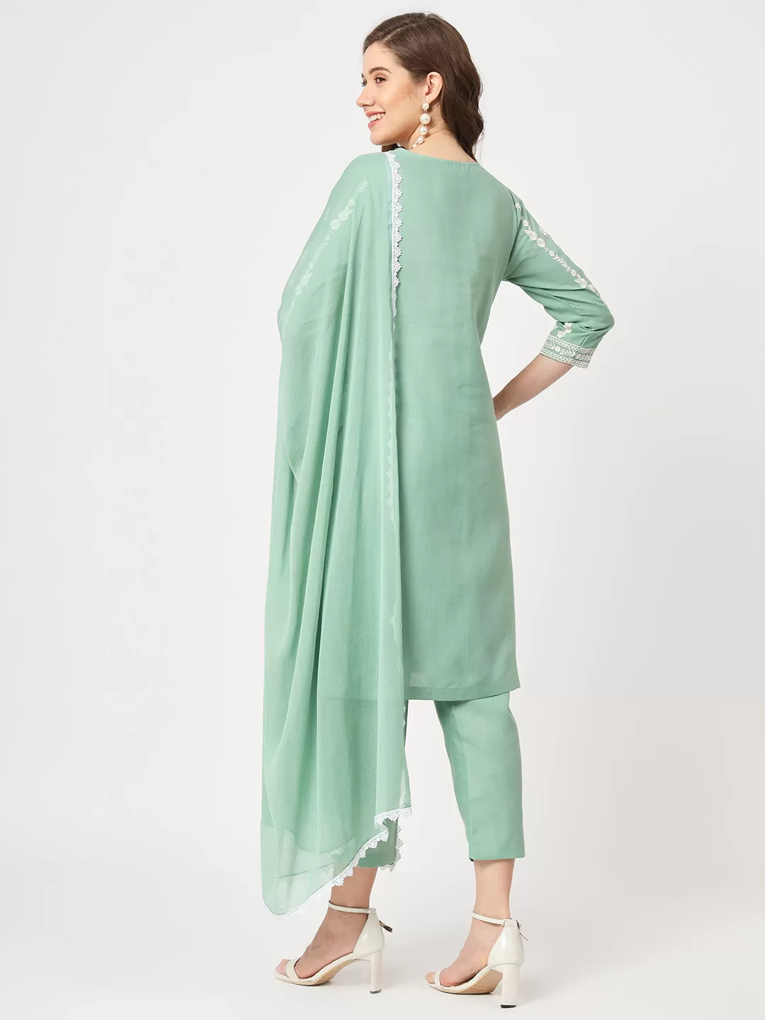 Embroidered Kurta With Matching Pants And Lace Detailed Dupatta Set