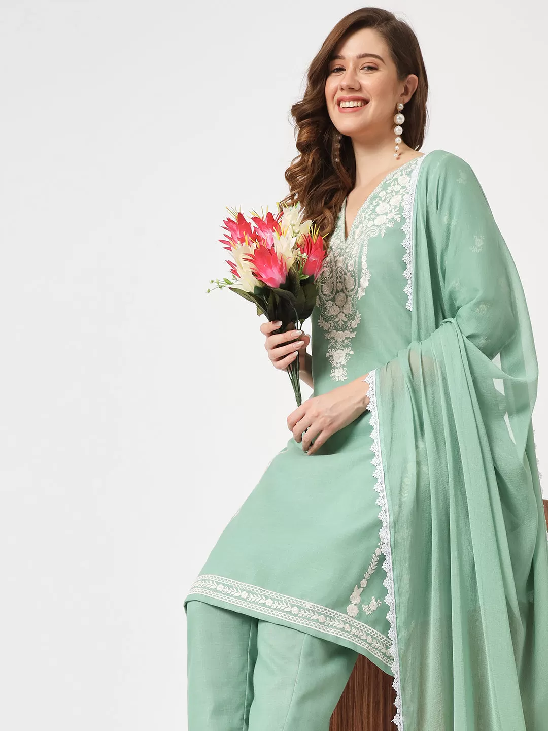 Embroidered Kurta With Matching Pants And Lace Detailed Dupatta Set