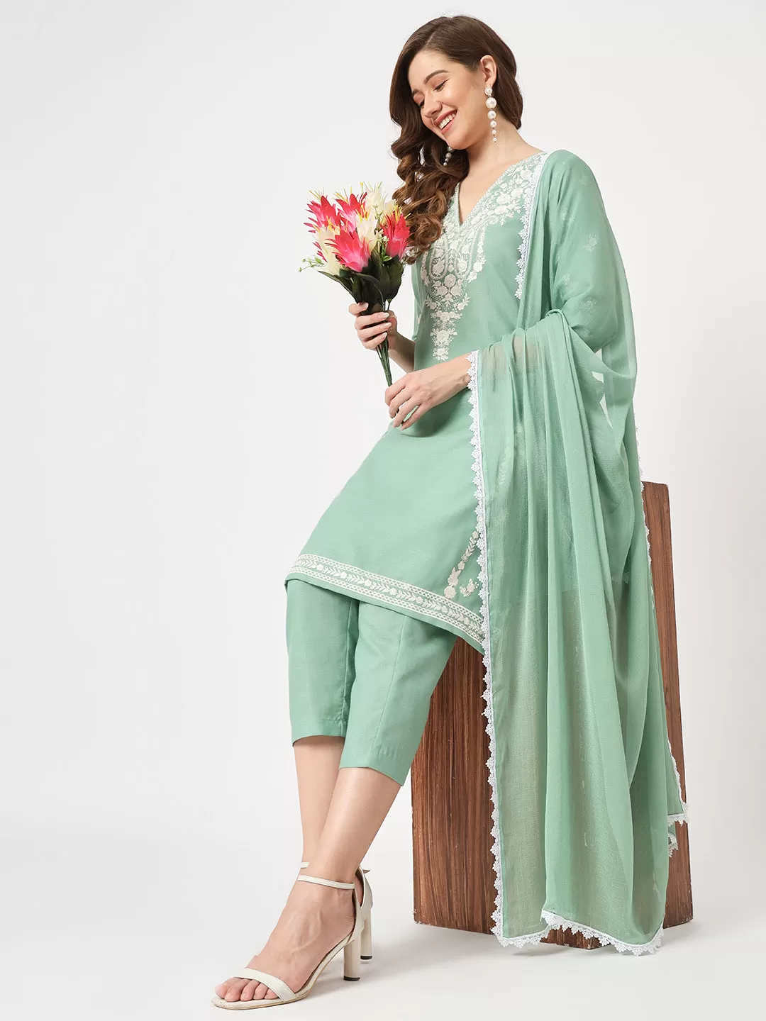 Embroidered Kurta With Matching Pants And Lace Detailed Dupatta Set