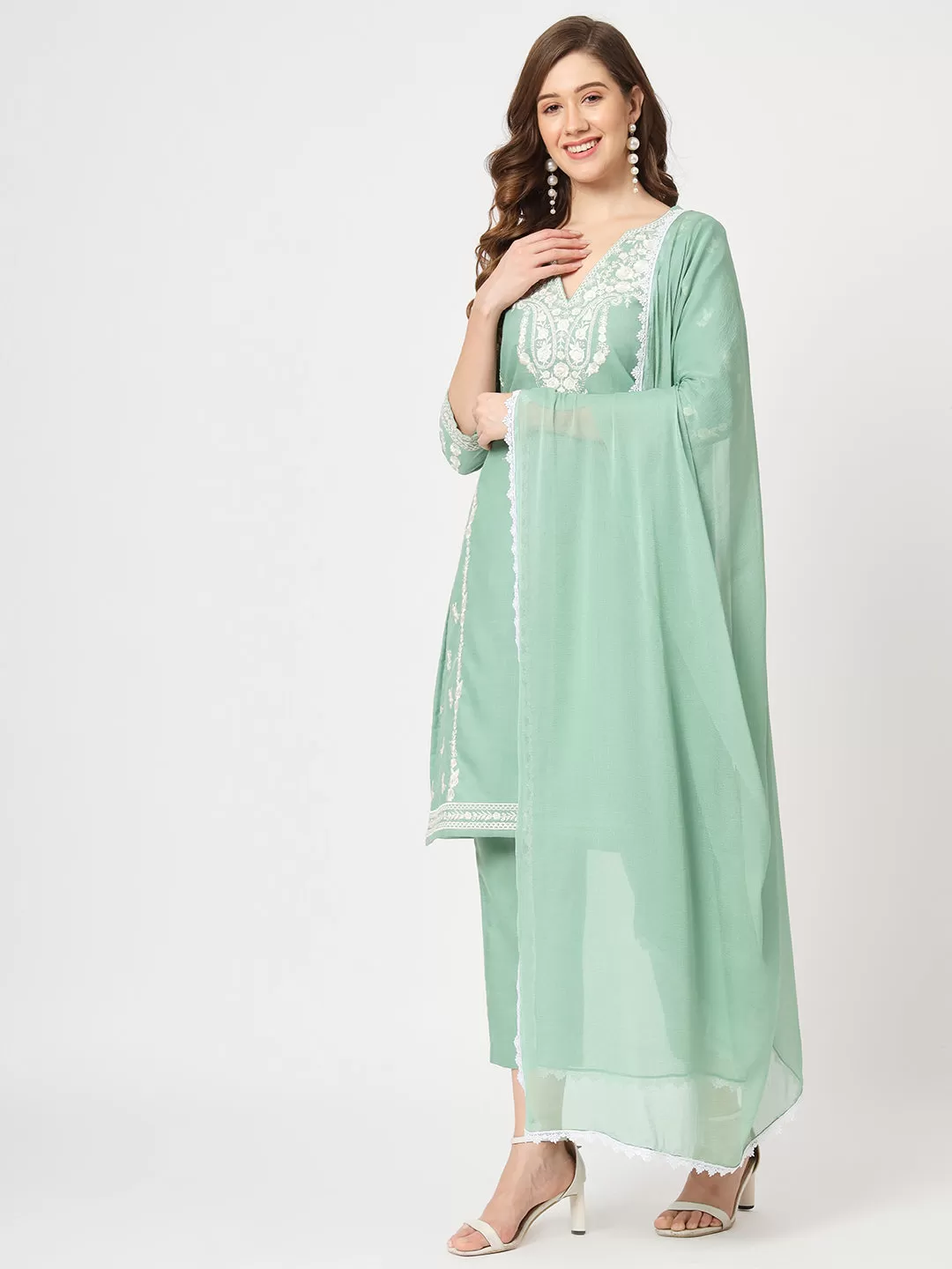 Embroidered Kurta With Matching Pants And Lace Detailed Dupatta Set