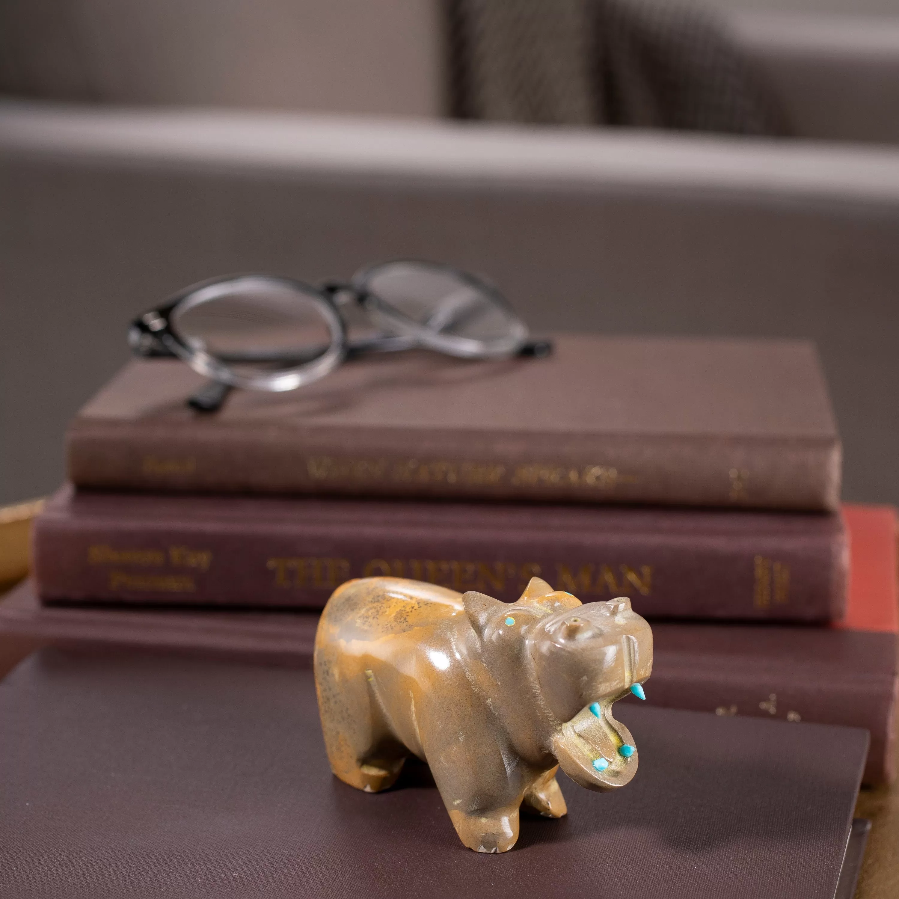 Enrike Leekya Zuni Rock and Turquoise Handmade Fetish Hippo Carving