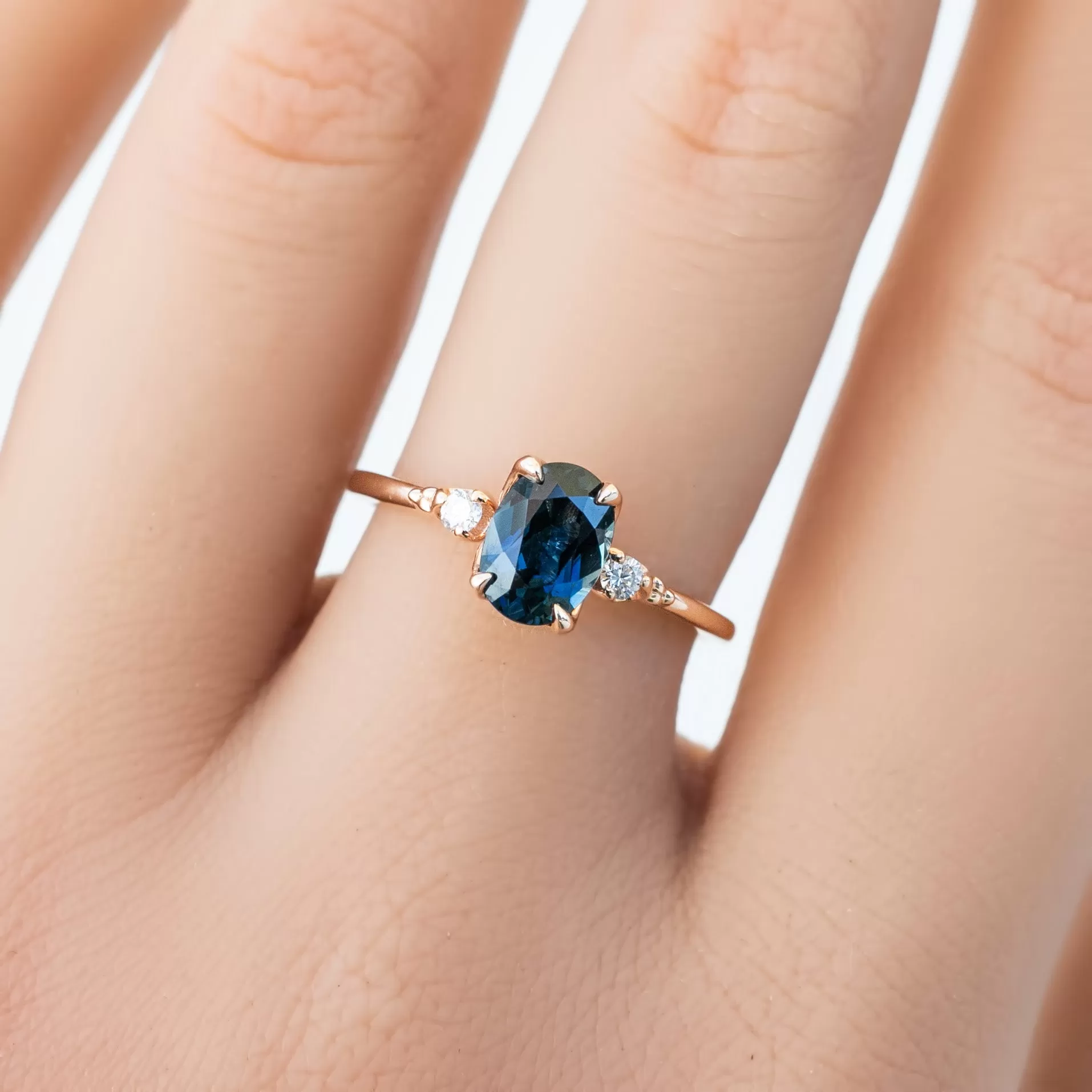 Estel Ring 1.32ct Teal Blue Oval Queensland Sapphire, 14K Rose Gold (One of a kind)