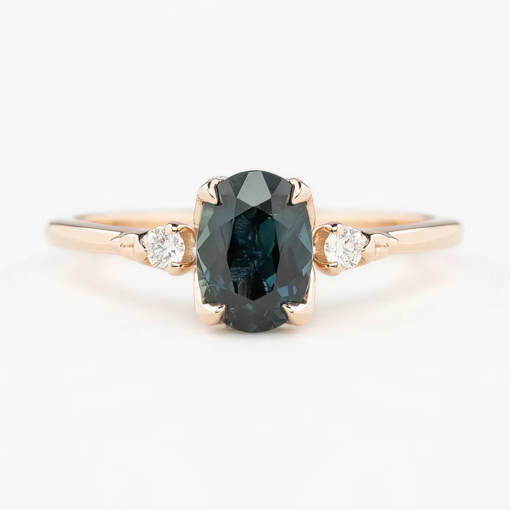 Estel Ring 1.32ct Teal Blue Oval Queensland Sapphire, 14K Rose Gold (One of a kind)