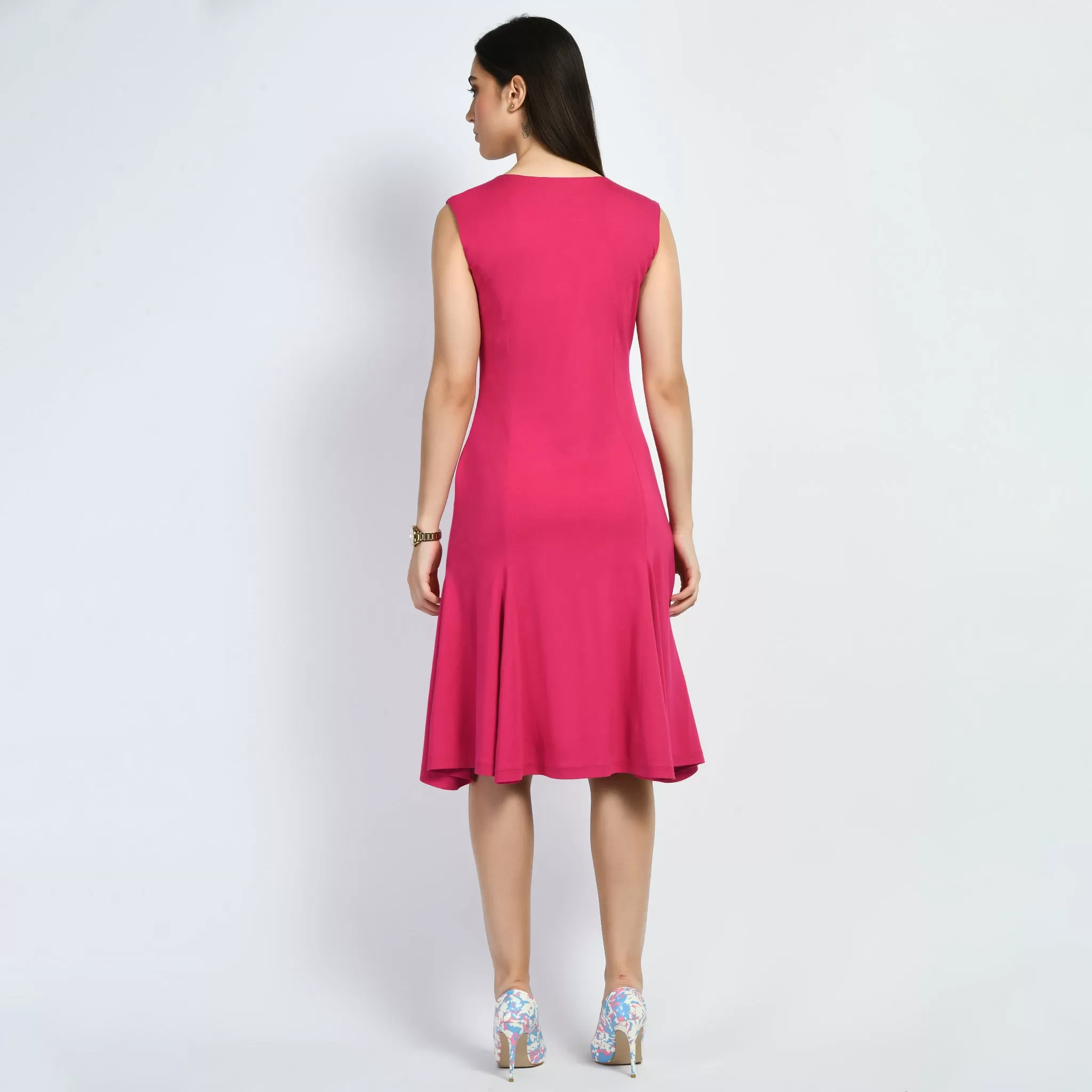 Exude Appeal Flared V-neck Dress (Hot Pink)