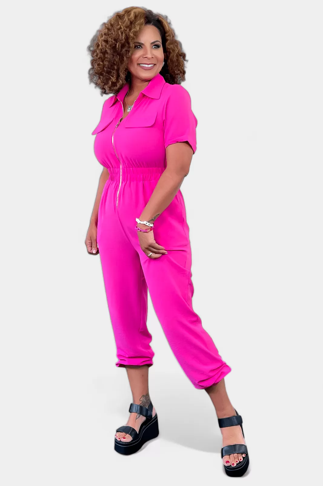 Fuchsia Front Zipper Jumpsuit