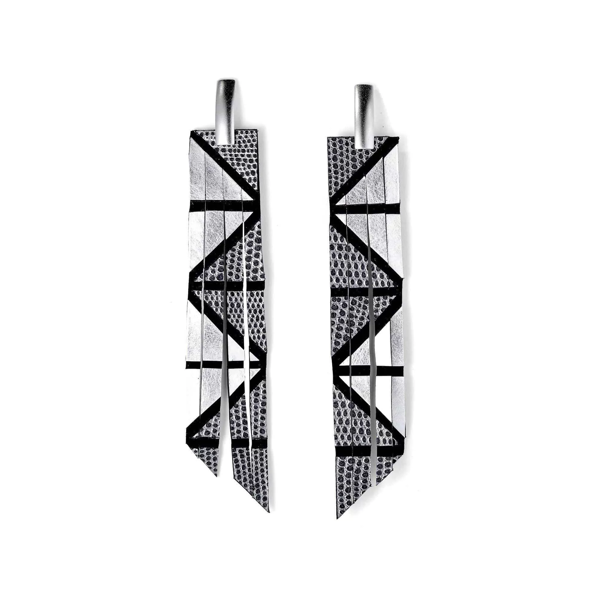 Geo silver extra long leather earrings