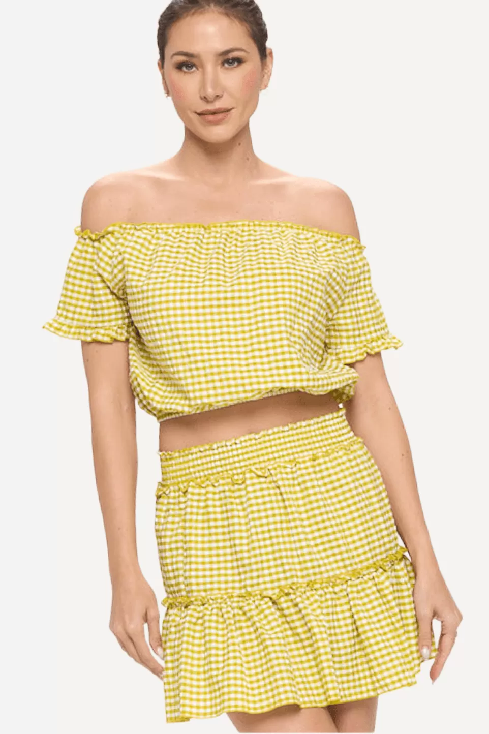 Gingham Off-shoulder Top and Skirt Set