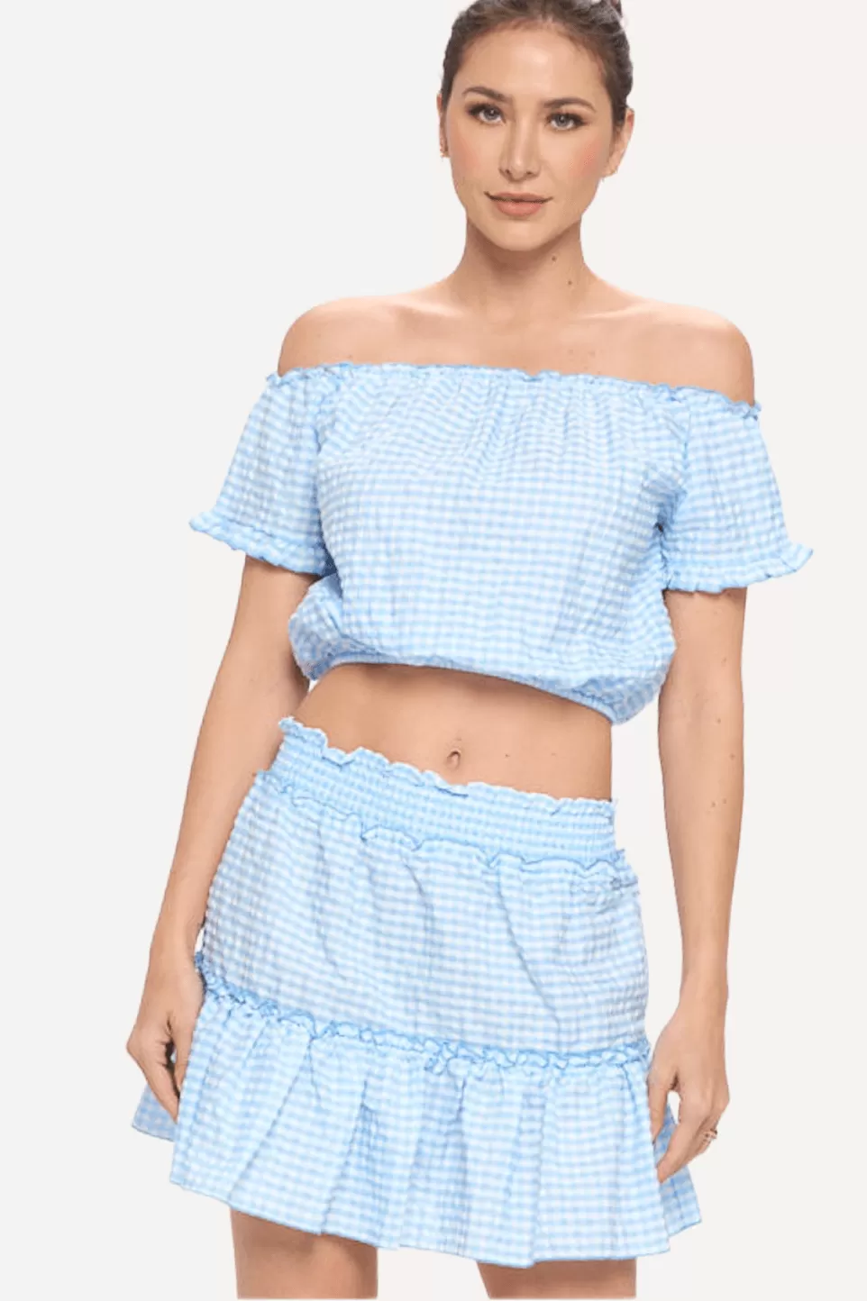 Gingham Off-shoulder Top and Skirt Set