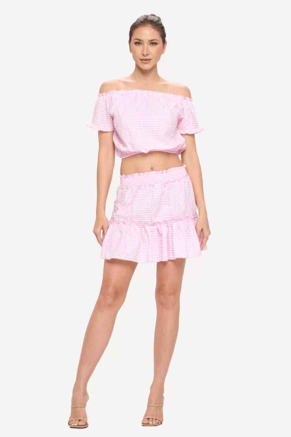 Gingham Off-shoulder Top and Skirt Set