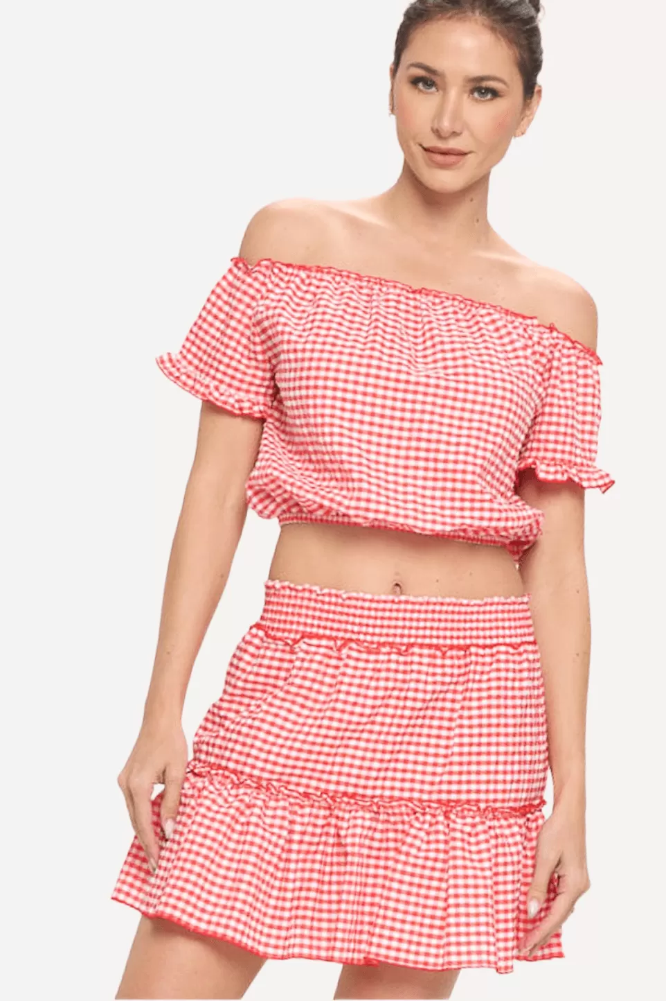 Gingham Off-shoulder Top and Skirt Set