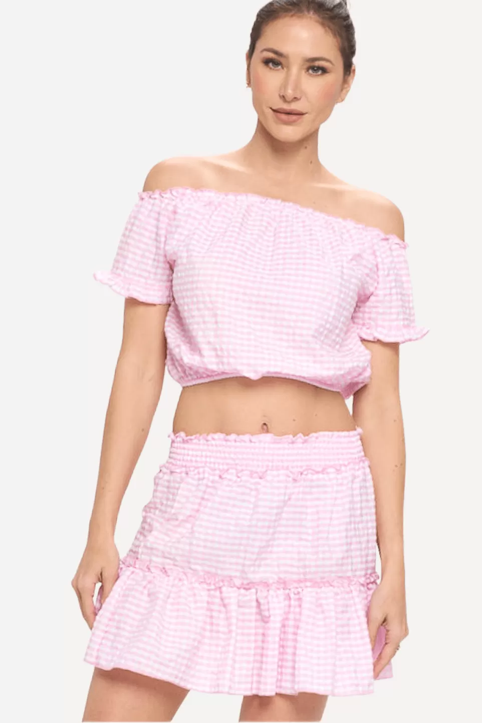 Gingham Off-shoulder Top and Skirt Set