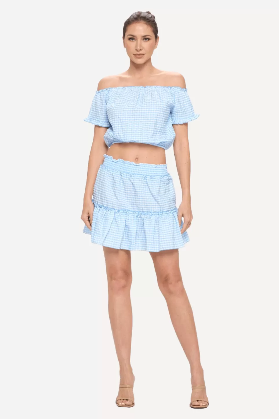 Gingham Off-shoulder Top and Skirt Set