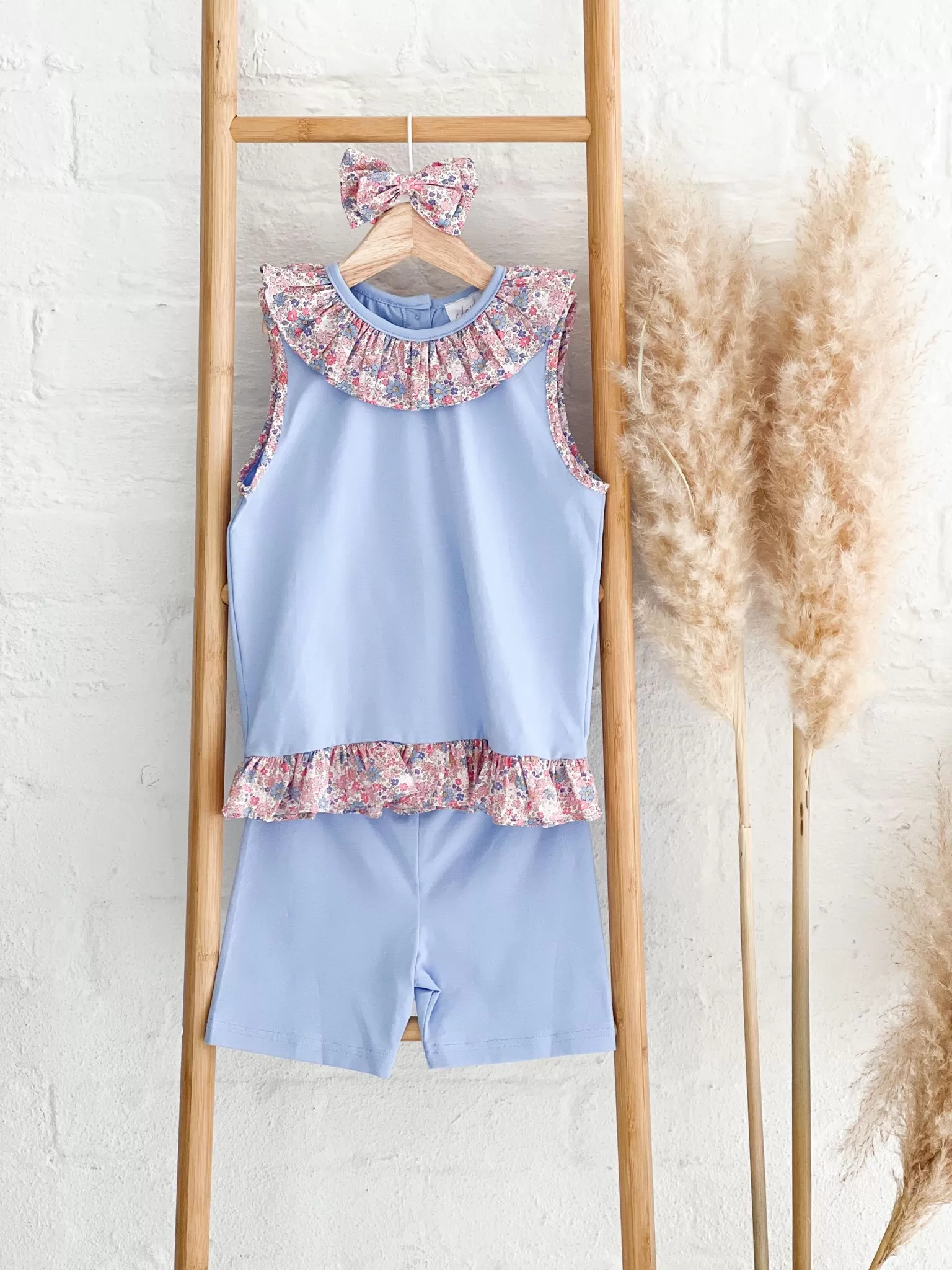 Girls Blue Ditsy Vest and Short Loungewear Set