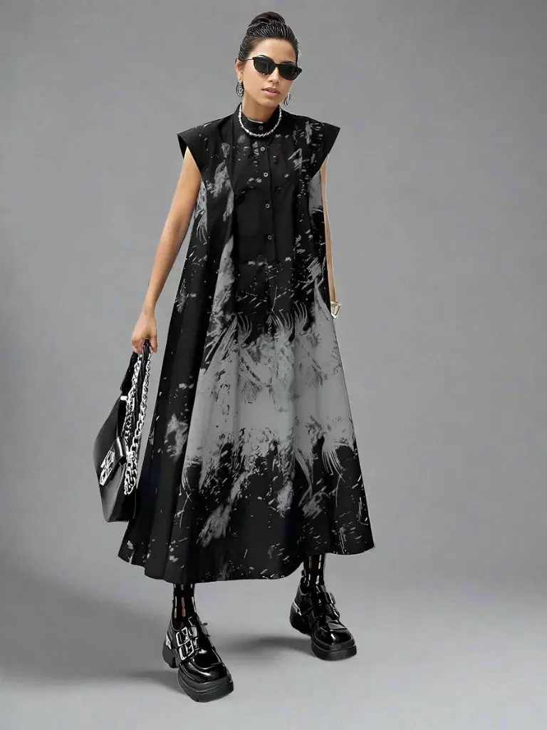 Gothic Sleeveless Tie-Dye Print Dress with Mandarin Collar