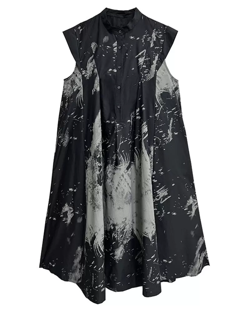 Gothic Sleeveless Tie-Dye Print Dress with Mandarin Collar