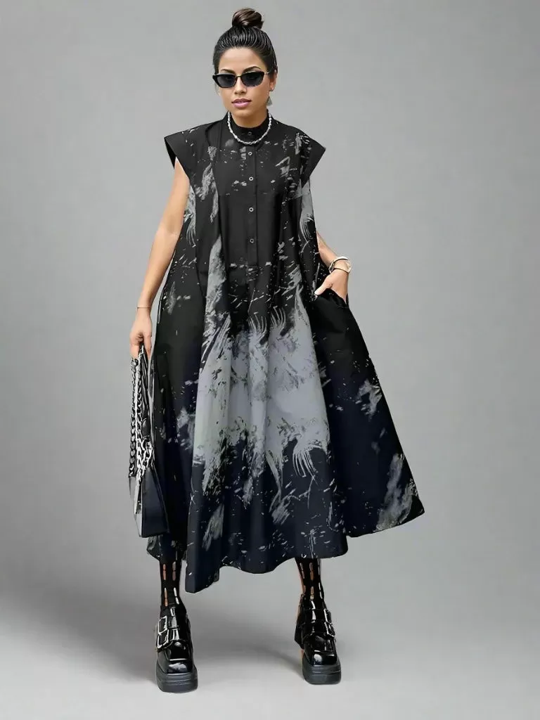 Gothic Sleeveless Tie-Dye Print Dress with Mandarin Collar