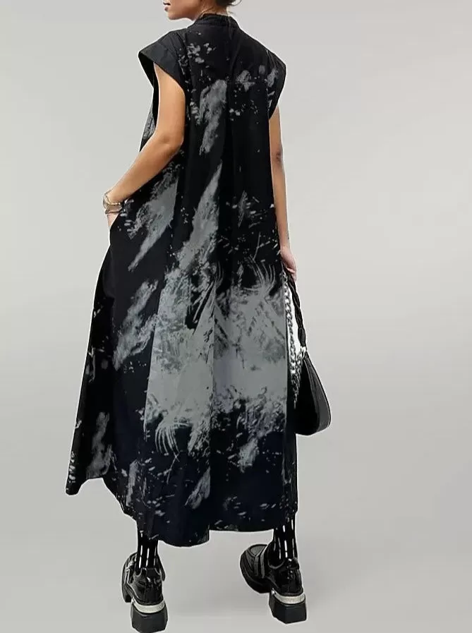 Gothic Sleeveless Tie-Dye Print Dress with Mandarin Collar