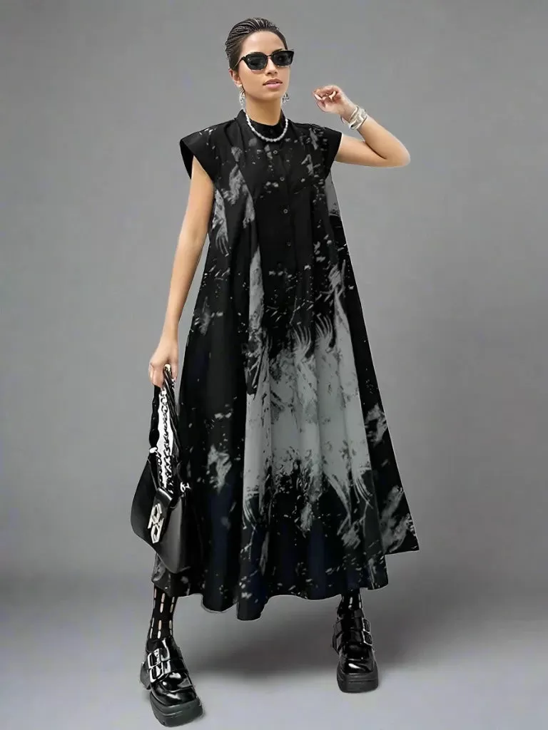 Gothic Sleeveless Tie-Dye Print Dress with Mandarin Collar