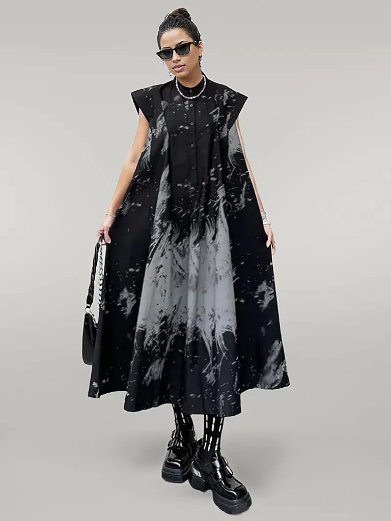 Gothic Sleeveless Tie-Dye Print Dress with Mandarin Collar