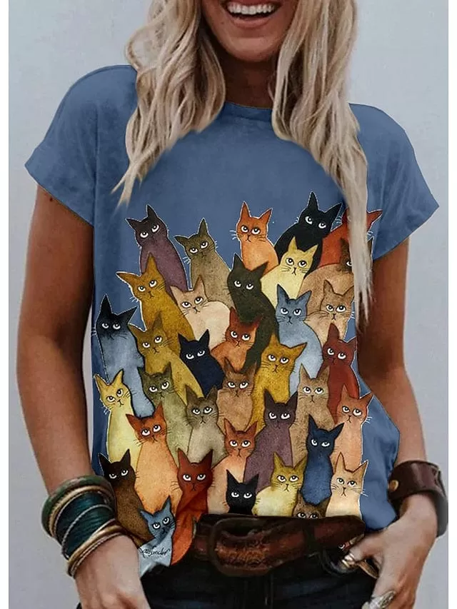 Graphic Cat Print Women's T-shirt with Shoulder Cut-outs