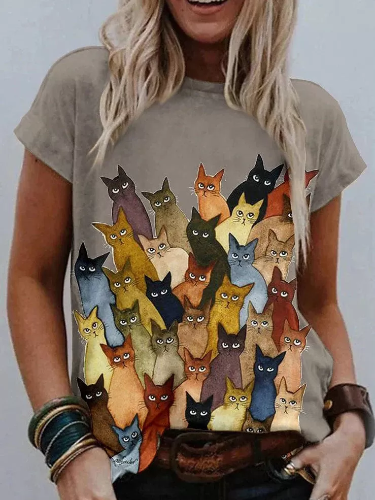 Graphic Cat Print Women's T-shirt with Shoulder Cut-outs