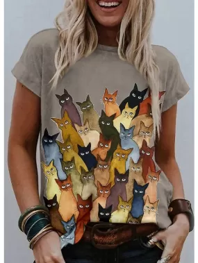 Graphic Cat Print Women's T-shirt with Shoulder Cut-outs