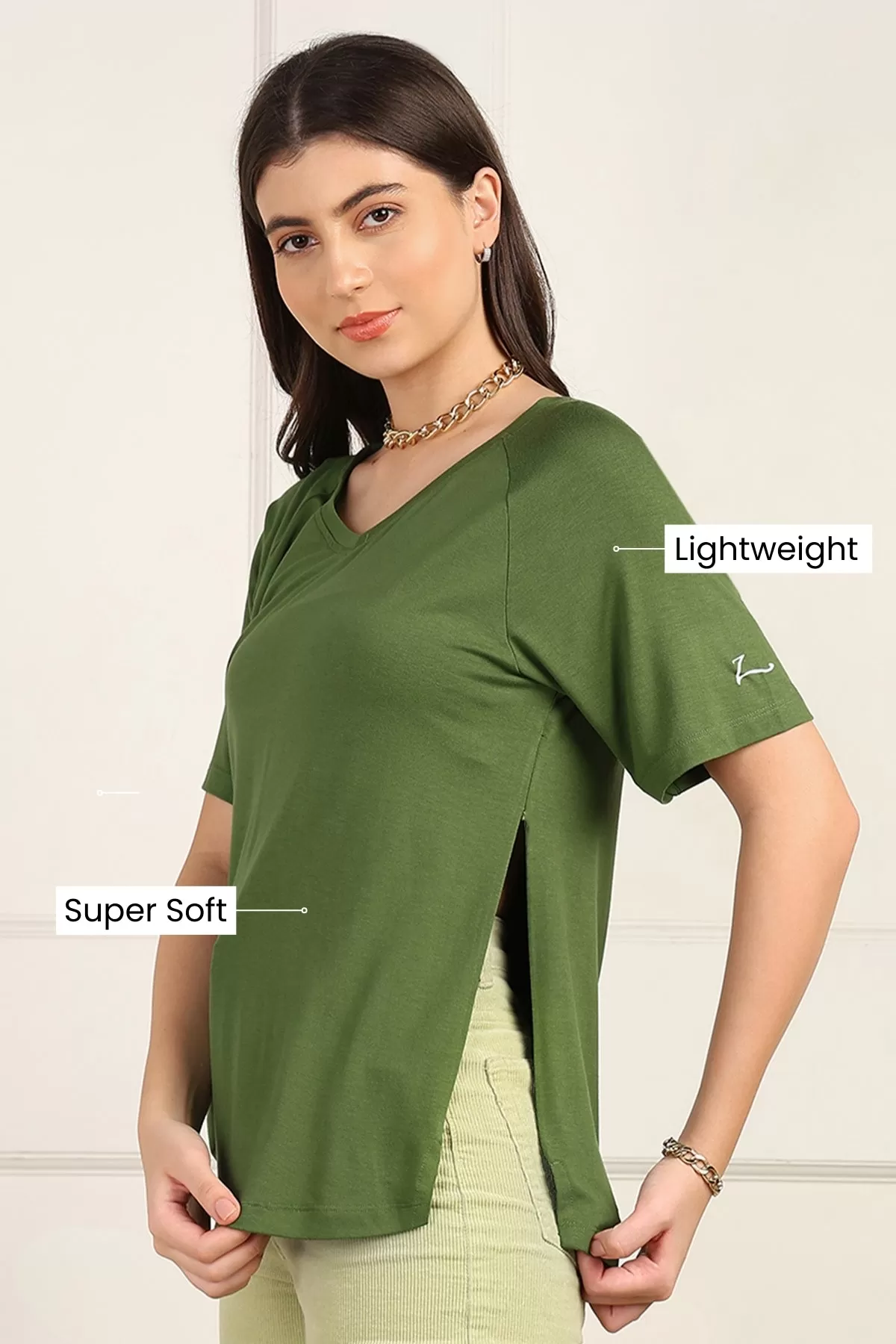 Green Solid Nursing Top with Side Zip Access