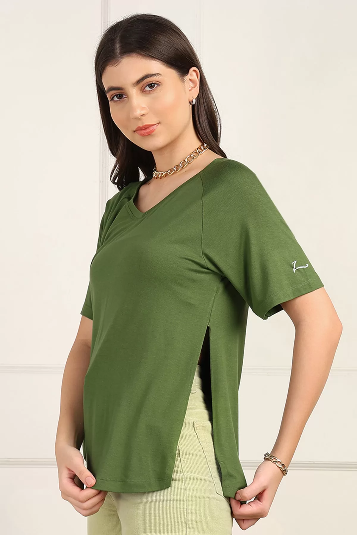 Green Solid Nursing Top with Side Zip Access