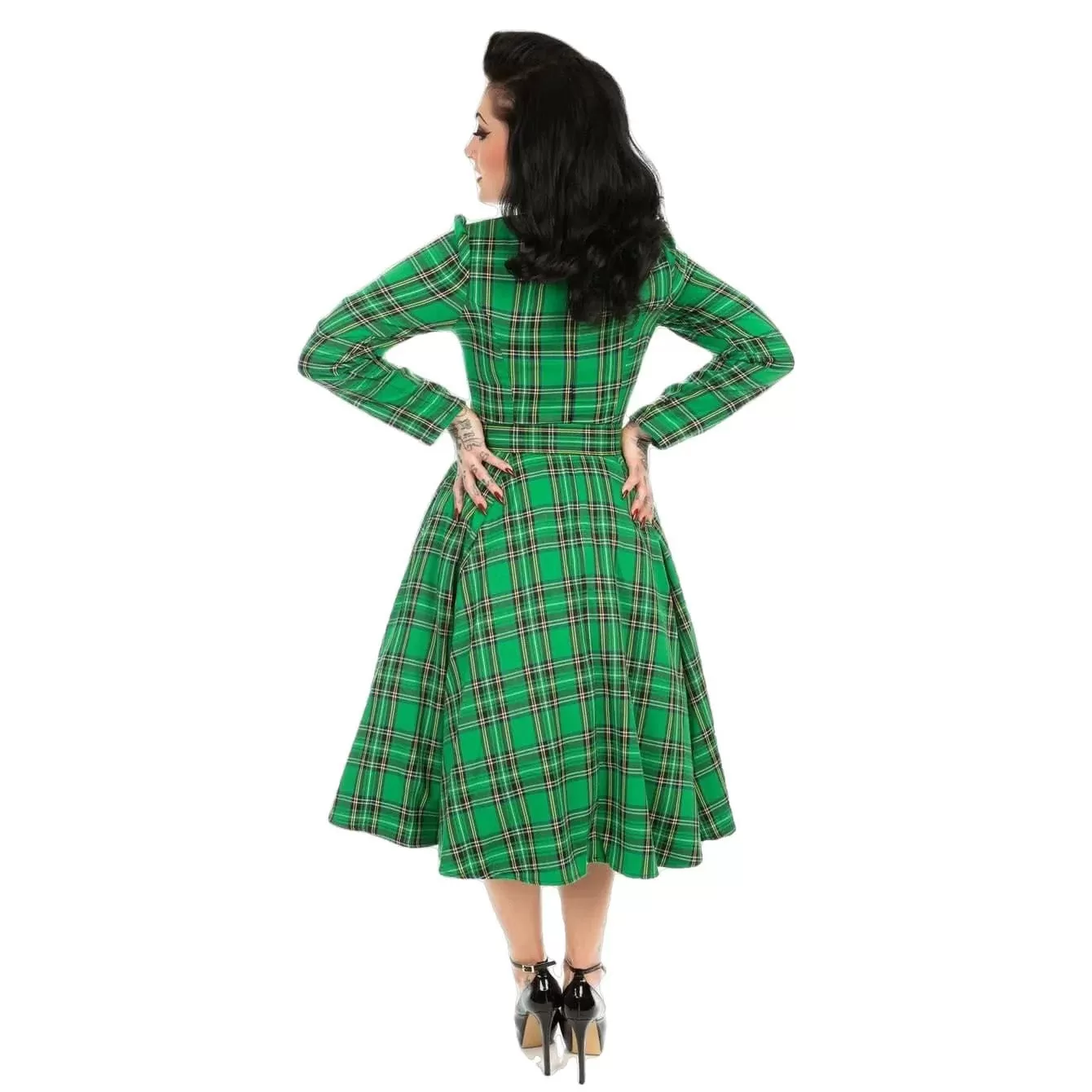 Green Tartan Long Sleeve Burns Night & Rockabilly Style Swing Dress