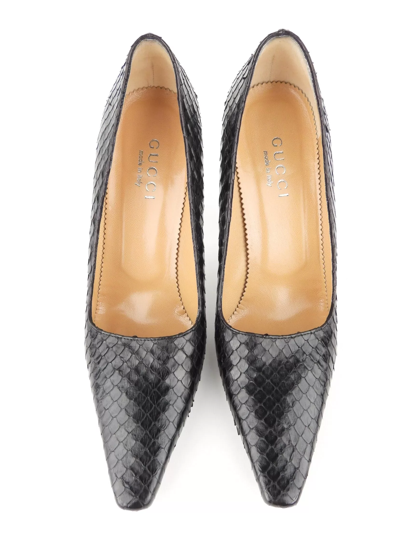 Gucci Black Python Exotic Leather Carved Wood Stiletto Heel Pumps - 8