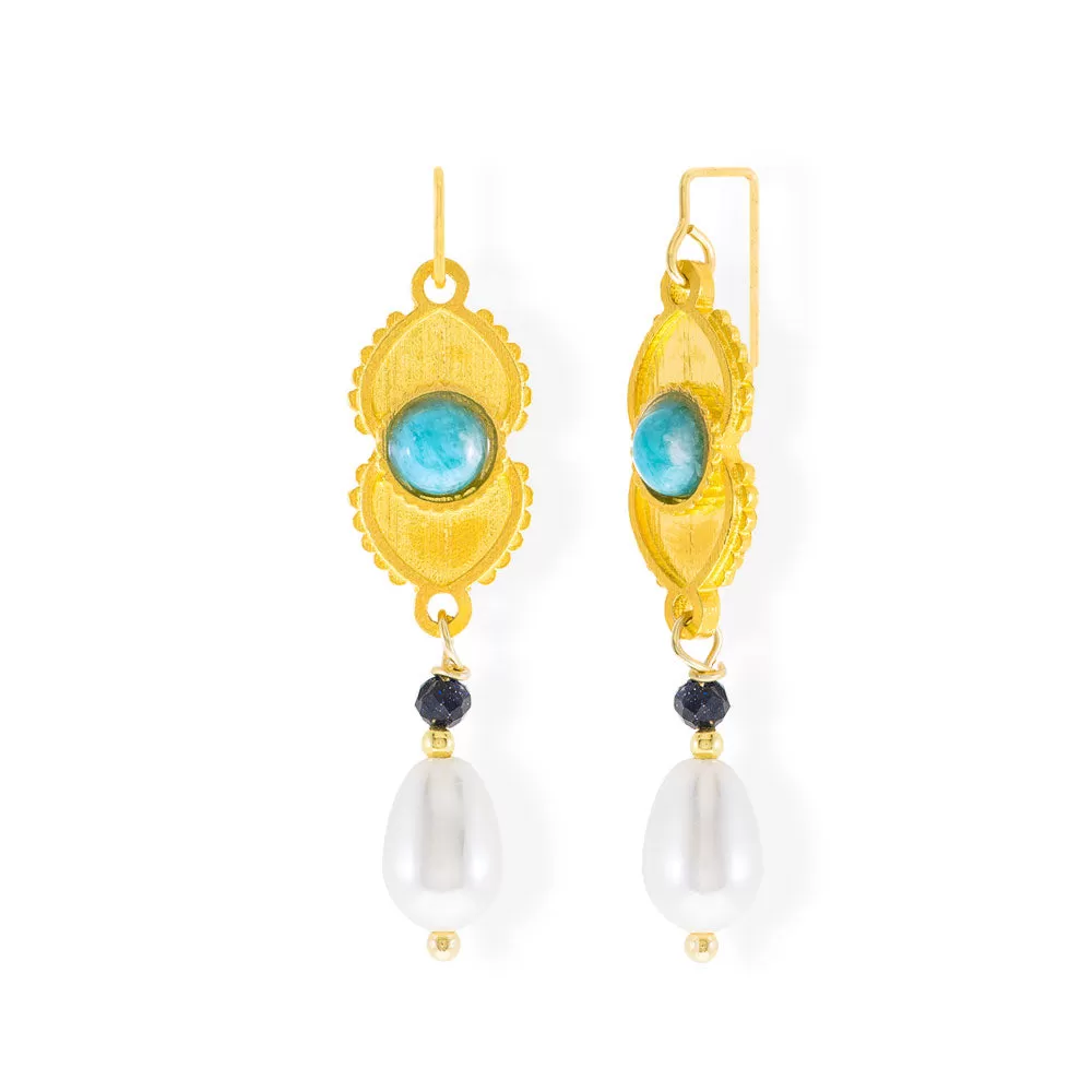 Handmade Gold Plated Silver Drop Earrings Evil Eyes With Amazonite & Pearls