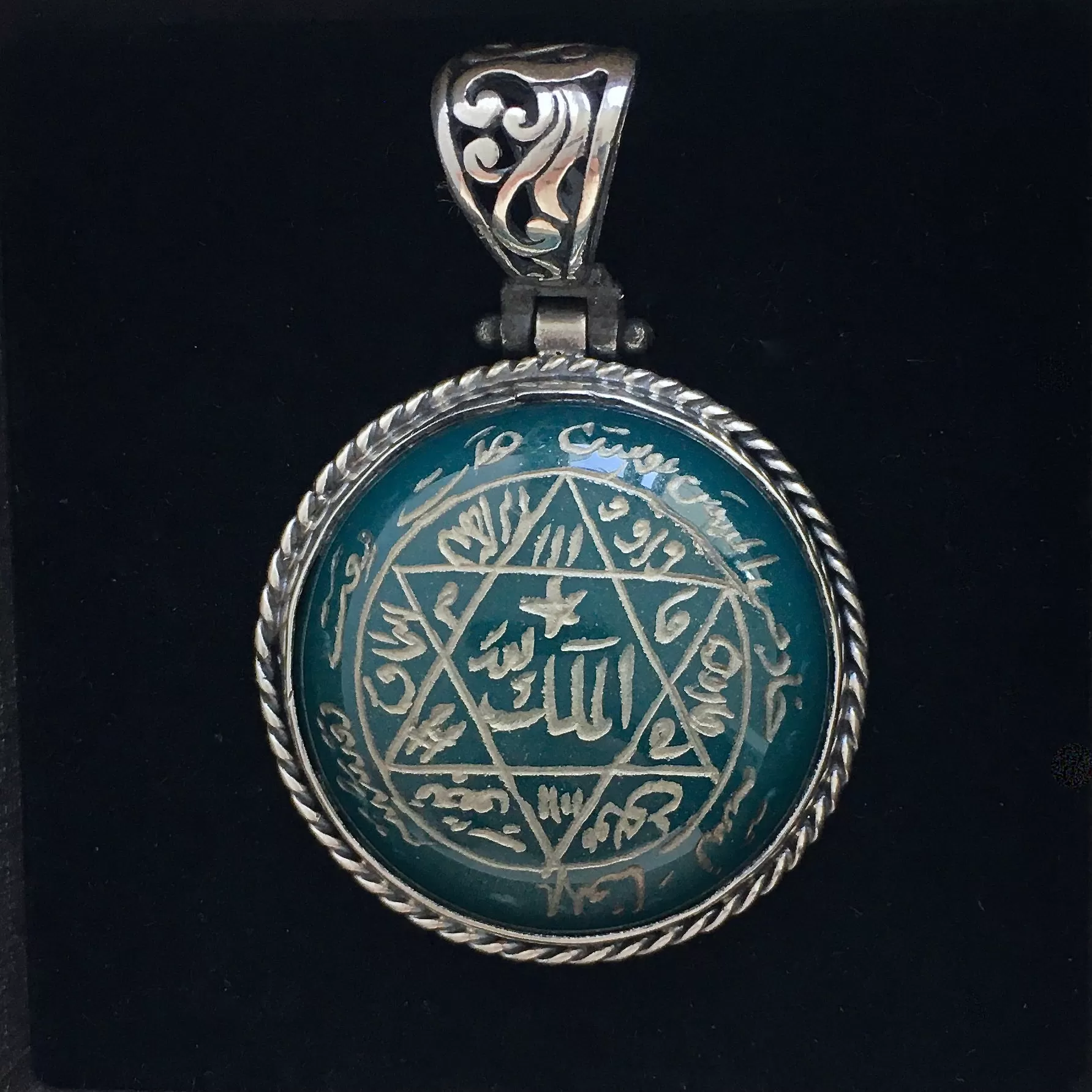 Handmade Seal of Solomon Pendant Green Agate Sterling Silver 925 Hand-engraved Talisman Amulet