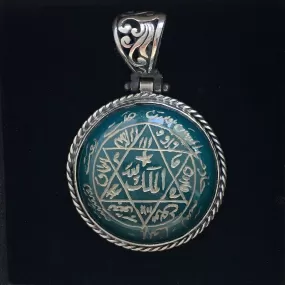 Handmade Seal of Solomon Pendant Green Agate Sterling Silver 925 Hand-engraved Talisman Amulet