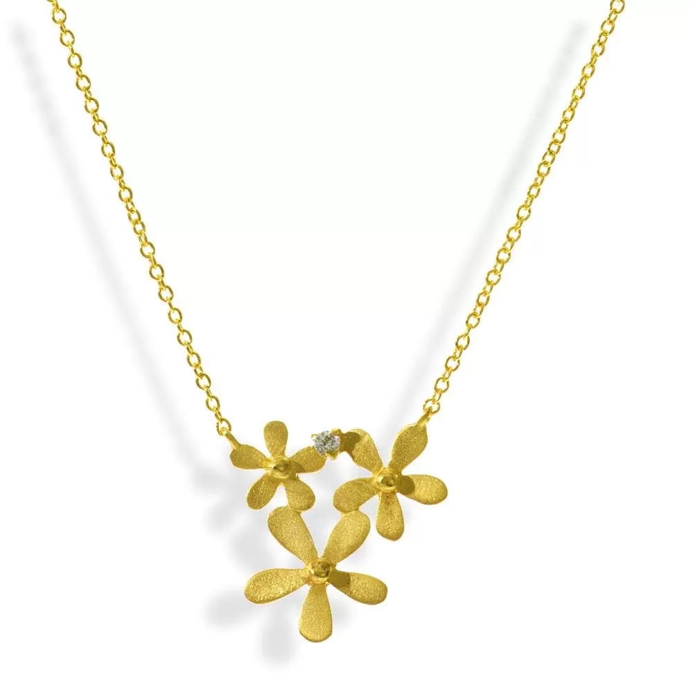 Handmade Short Gold Plated Silver Necklace Little Flowers With Zircon