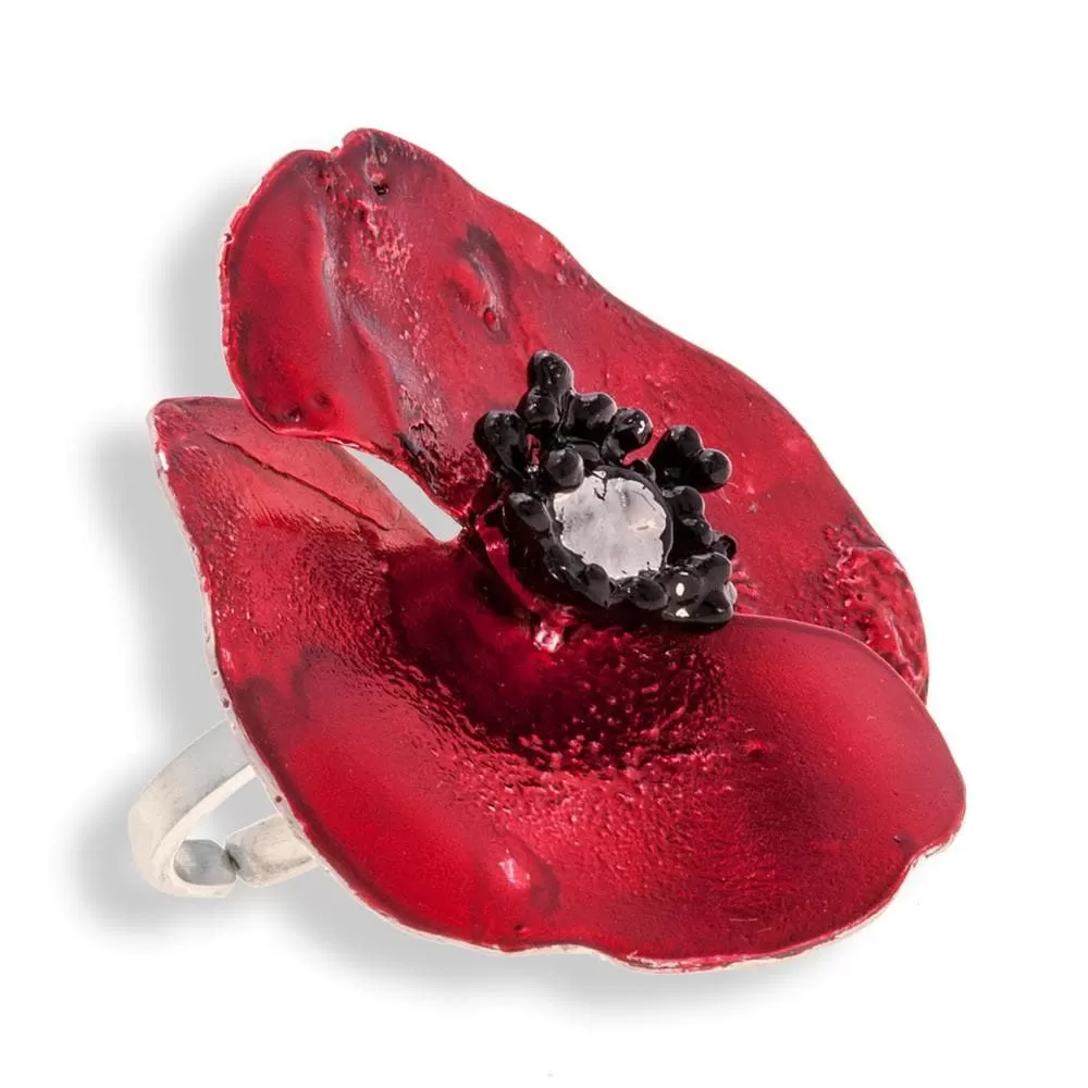 Handmade Sterling Silver Impressive Red Poppy Flower Ring