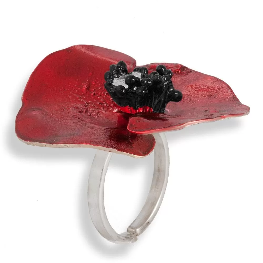 Handmade Sterling Silver Impressive Red Poppy Flower Ring