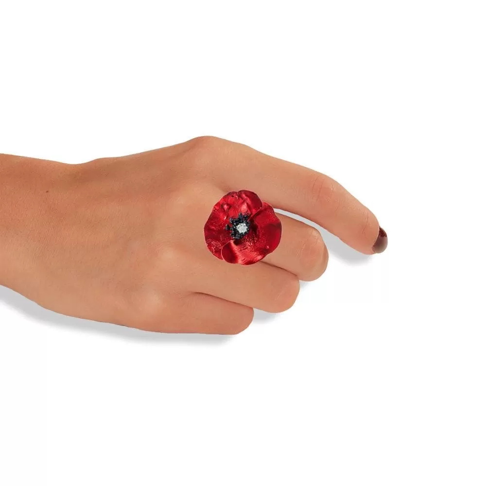 Handmade Sterling Silver Impressive Red Poppy Flower Ring