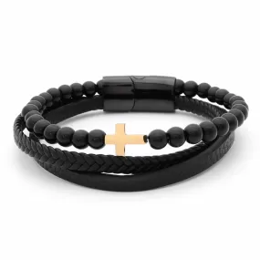 Hematite Beads with Cross Multilayer Leather Bracelet